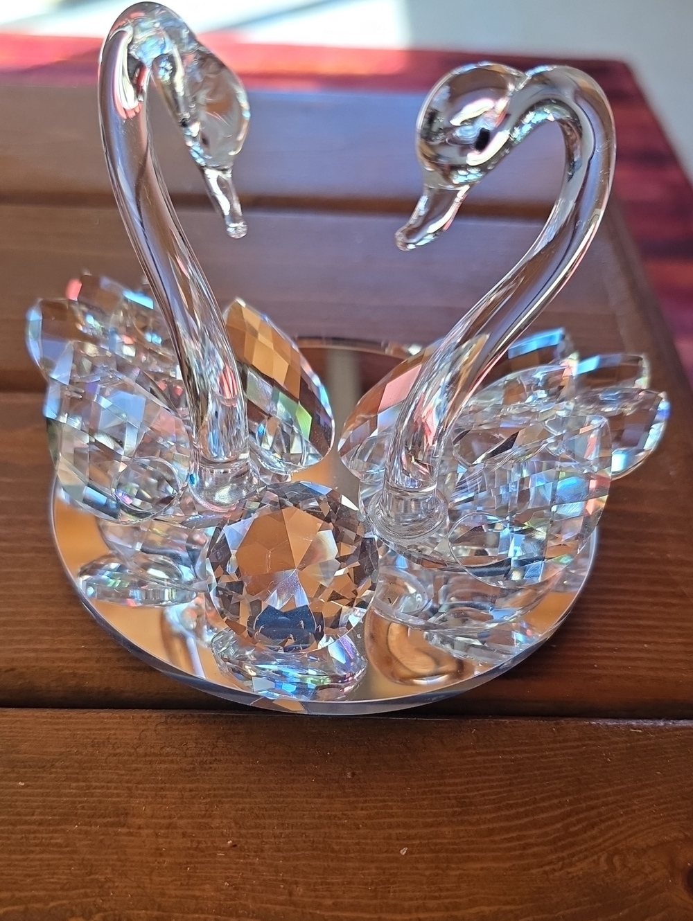 Beautiful Crystal Swan Pair On Round Mirrored Stand. Perfect Bridal Cake Topper!